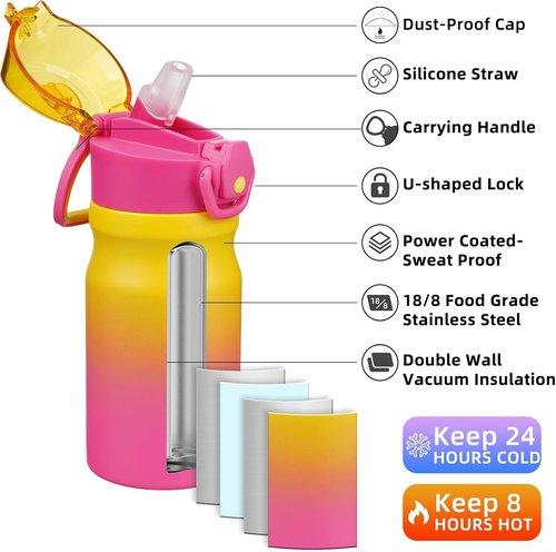 BJPKPK Insulated Water Bottle - 14oz Reusable Stainless Steel Flask with Straw & Leak-Proof Lid | Rainbow