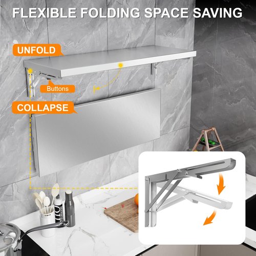 DULNICE Folding Wall Shelf 23.6" x 12", Stainless Steel Wall Mounted Folding Table, 110lb Capacity, Floating Concession Shelf for Food Trucks, Trailer Windows, Kitchen, Restaurant, Garage Utility Room