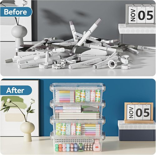 BiuLeon Extra Large Pencil Box - Clear Plastic Organizer for Crafts & Art Supplies | 4 Pack, Grey