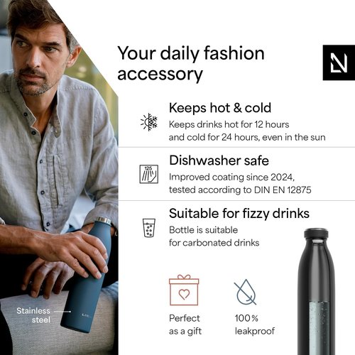 LARS NYSØM Insulated Stainless Steel Water Bottle - Leakproof Thermo Flask for Hot & Cold Drinks | 25.4oz Carbon Black