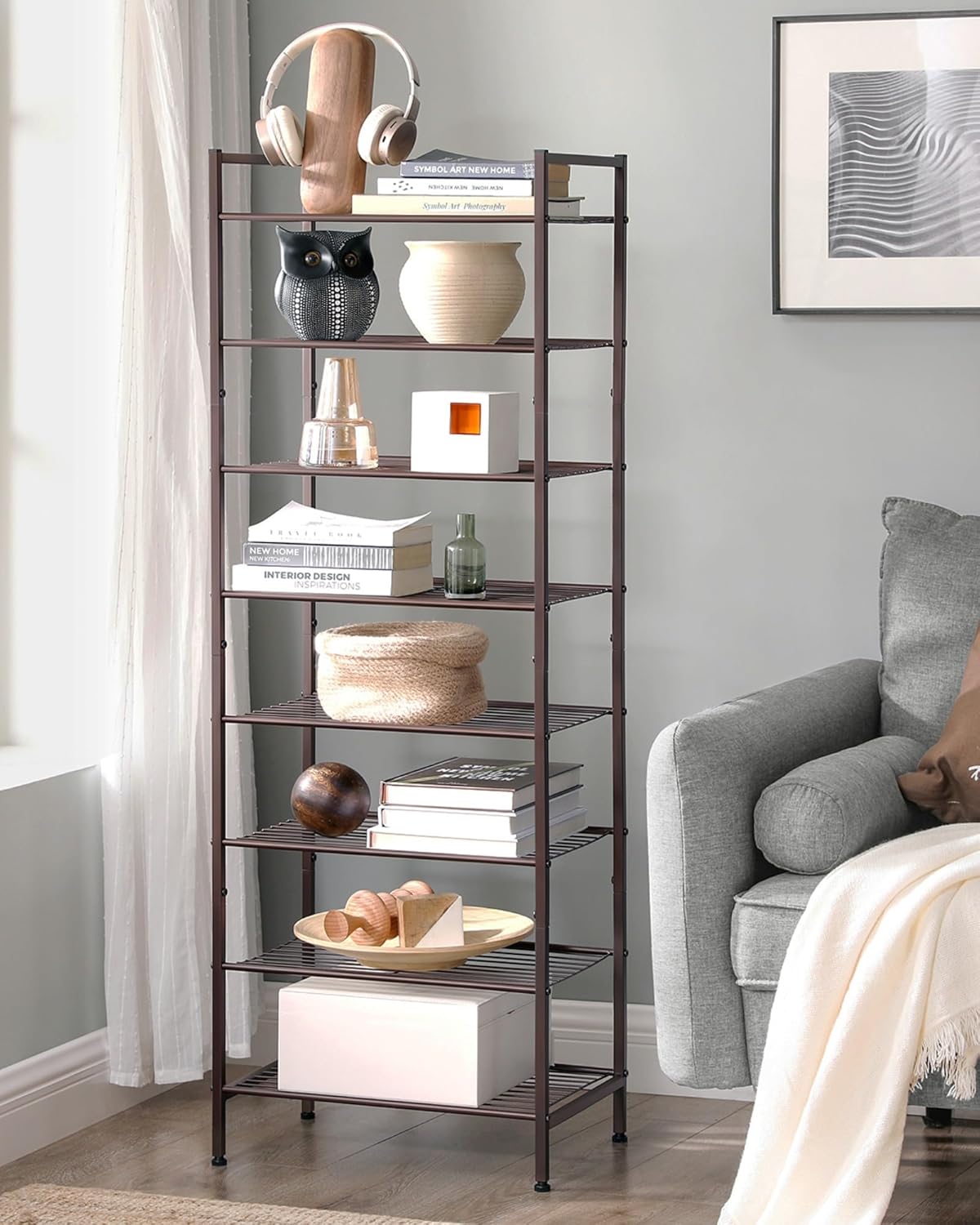 SONGMICS Narrow Shoe Rack - Sturdy 8-Tier Metal Storage Organizer for Small Spaces | Bronze, 12"D x 17.6"W x 50.6"H