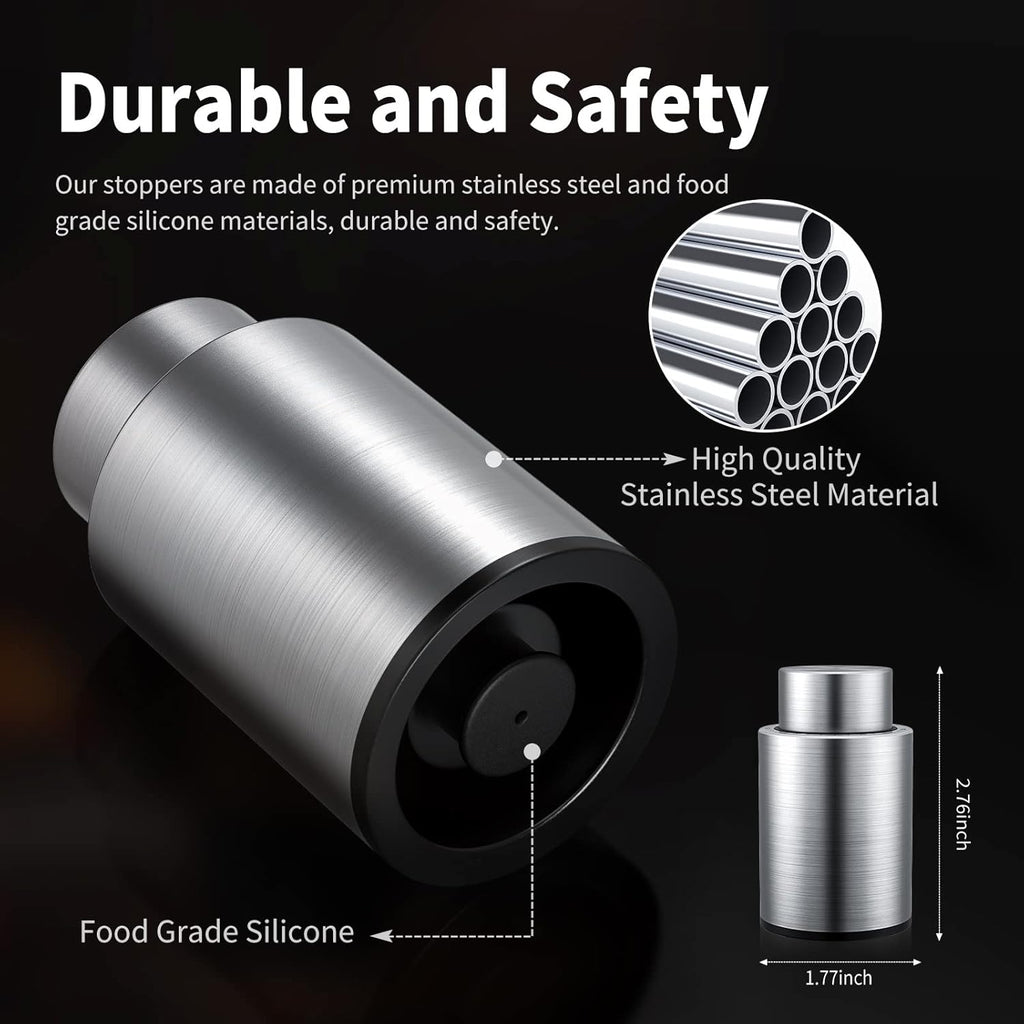 [2 PACK]Wine Bottle Stoppers，2-in-1 Vacuum Wine Stopper，1 Stainless Steel (Silver) and 1 ABS(Black) Wine Savers, Reusable Wine Preserver, Vacuum Pump Corks Keep Wine Fresh, Best Gift Accessories.