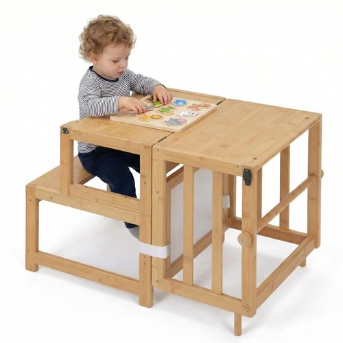 COSYLAND 3-in-1 Toddler Standing Tower with Whiteboard – Convertible Kitchen Stool for Toddlers – Globally Certified Kids Kitchen Step Stool (Natural)