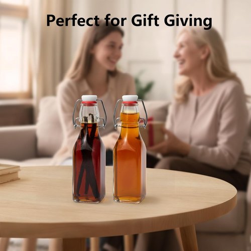 Ruckae Square Swing Top Glass Bottles with Lids Kombucha Coquito Flip Top Glass Bottle for Syrup Vanilla Extract Brew Beer Kefir Air Tight Bottles for Gift (8.5 oz 12 pack)