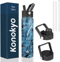 Skiennix Insulated Water Bottle - 24oz Stainless Steel Sport Bottle with 3 Lids | Marble Ocean Design
