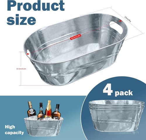 4 PCS 3 Gallon Galvanized Tub Champagne Bucket with Carry Beer Drink Storage Cooler Metal Beverage Ice Tub Galvanized Ice Buckets for Parties and Cocktail Bar Mimosa Supplies, 15.8 X 9 X 6.2 Inches