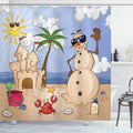 Ambesonne Cartoon Shower Curtain, Sand Snowman Castle Crab Seashell on Tropical Beach Enjoying Sun Cartoon Print, Cloth Fabric Bathroom Decor Set with Hooks, 69" W x 75" L, Sand Green