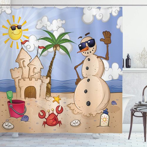 Ambesonne Cartoon Shower Curtain, Sand Snowman Castle Crab Seashell on Tropical Beach Enjoying Sun Cartoon Print, Cloth Fabric Bathroom Decor Set with Hooks, 69" W x 75" L, Sand Green