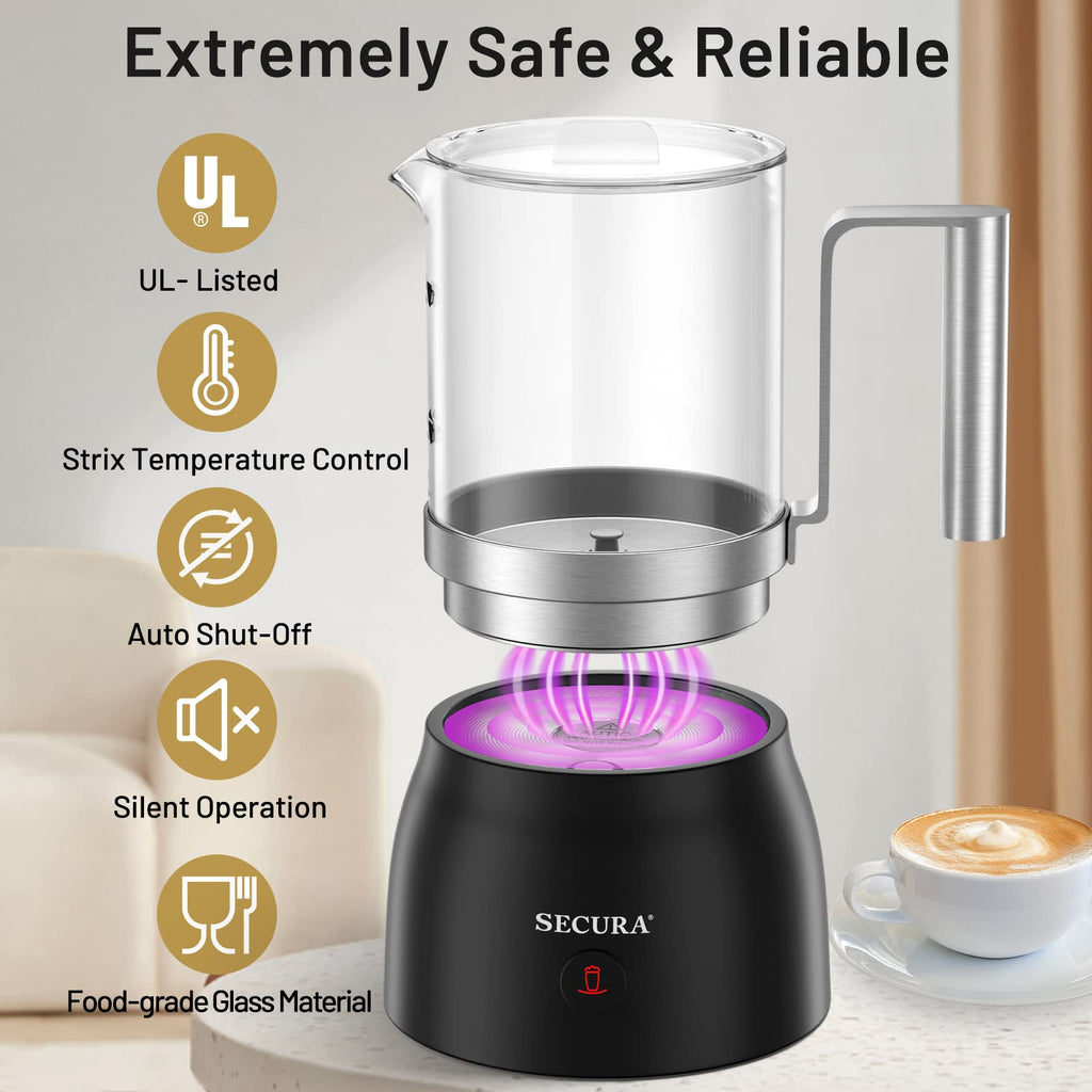 Secura Detachable Milk Frother and Steamer, 17oz Electric Milk Warmer with Glass Jug, 4-in-1 Hot & Cold Foam Maker for Latte, Cappuccinos & Hot Chocolate, Dishwasher Safe, BPA & Teflon-Free Design