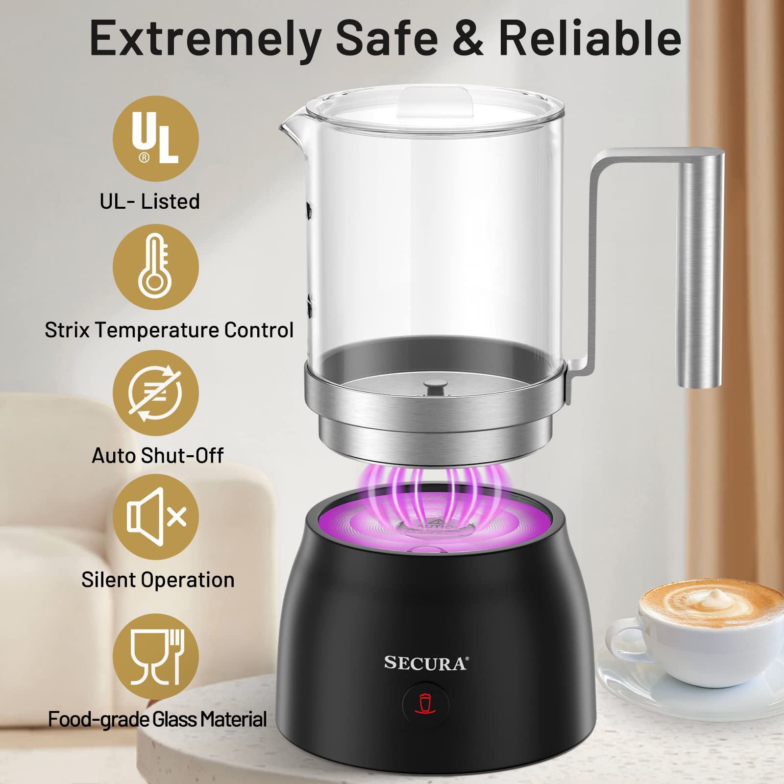 Secura Detachable Milk Frother and Steamer, 17oz Electric Milk Warmer with Glass Jug, 4-in-1 Hot & Cold Foam Maker for Latte, Cappuccinos & Hot Chocolate, Dishwasher Safe, BPA & Teflon-Free Design