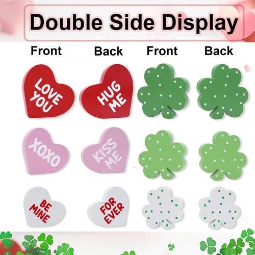 BIBIFLY Valentines St Patricks Day Decorations 6PCS Wooden Heart & Shamrock Block Tiered Tray Decor, Freestanding Wood Table Centerpieces Sign Decoration for Home Shelf, Office Desk, Mantle, Tabletop