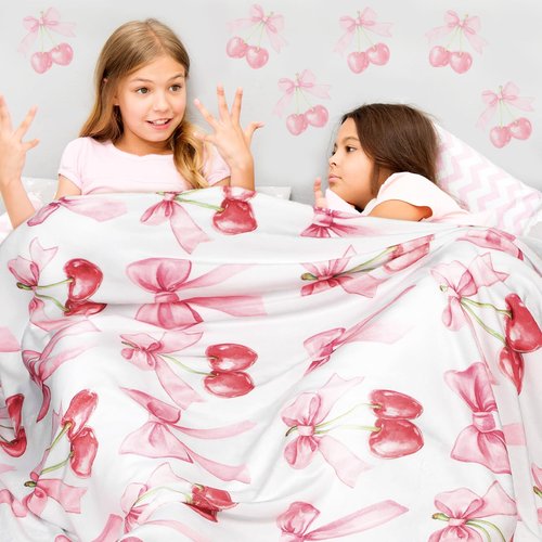 HunnmingRe Pink Bow Cherry Blanket Coquette Soft Flannel Lightweight Blanket Bows Aesthetic Preppy Cute Fuzzy Room Decor for Spring Mother's Day Bedroom Sofa Travel Bed, 50 x 60 Inch
