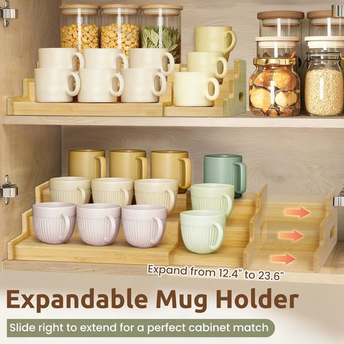 FIMOFIDRE 3-Tier Expandable Bamboo Mug Holder for Countertop Coffee Cup Holder Display Mug Organizer Mug Rack for Coffee Bar Organizer Mug Shelf for Cabinet for Kitchen, Home, No Assembly