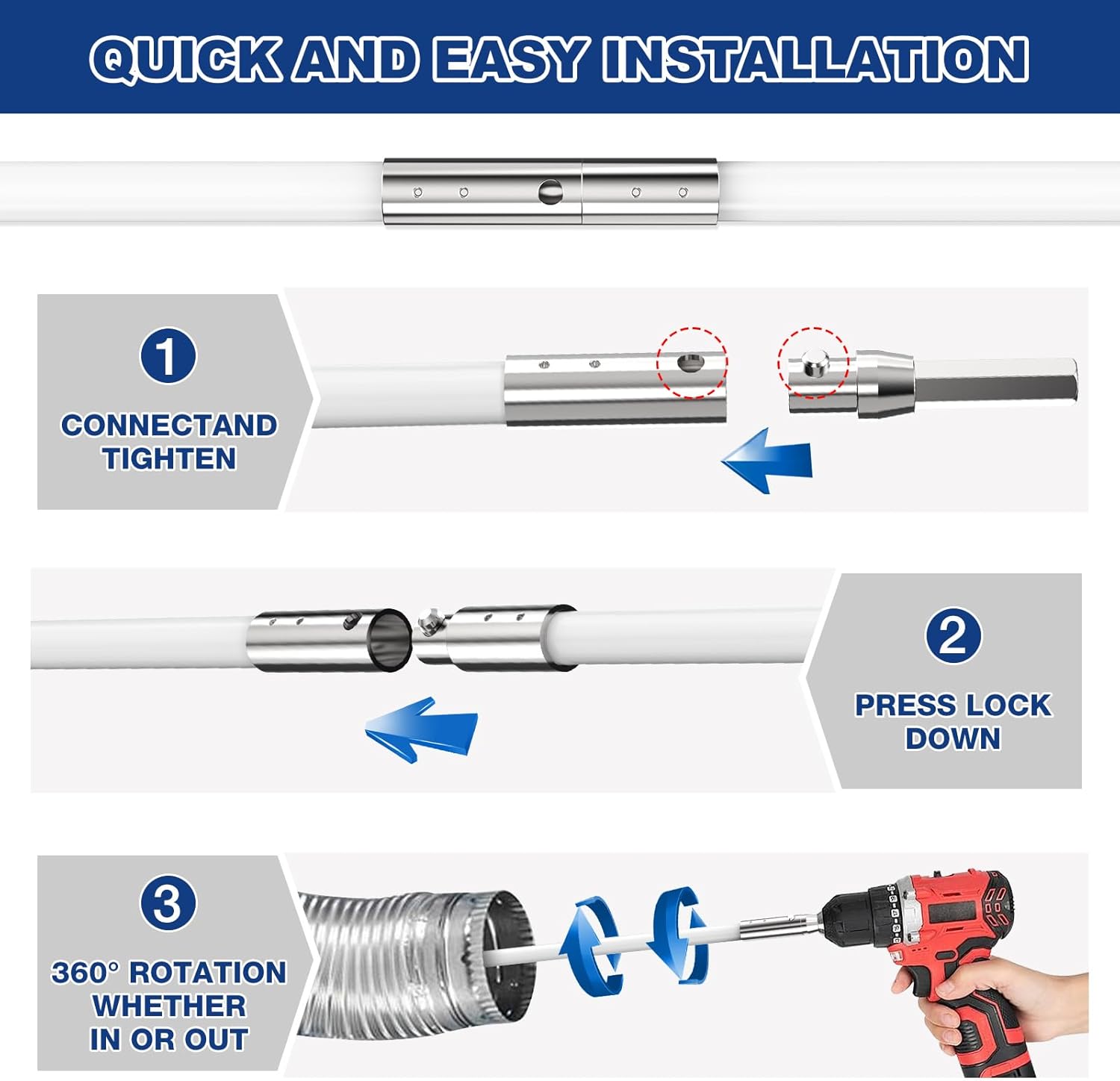 PetOde 32 Feet Dryer Vent Cleaner Kit - Flexible Quick Snap Brush with Drill Attachment for 360° Cleaning
