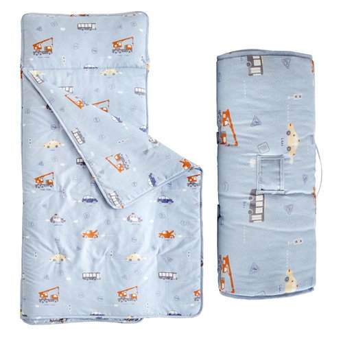 DuShow Cotton Toddler Nap Mat for Boys,Roll Up Slumber Bags Cars Pattern,Toddler Nap Mat with Removable Pillow and Blanket, Kids Sleeping Mat for Daycare,Preschool and Kindergarten-Blue