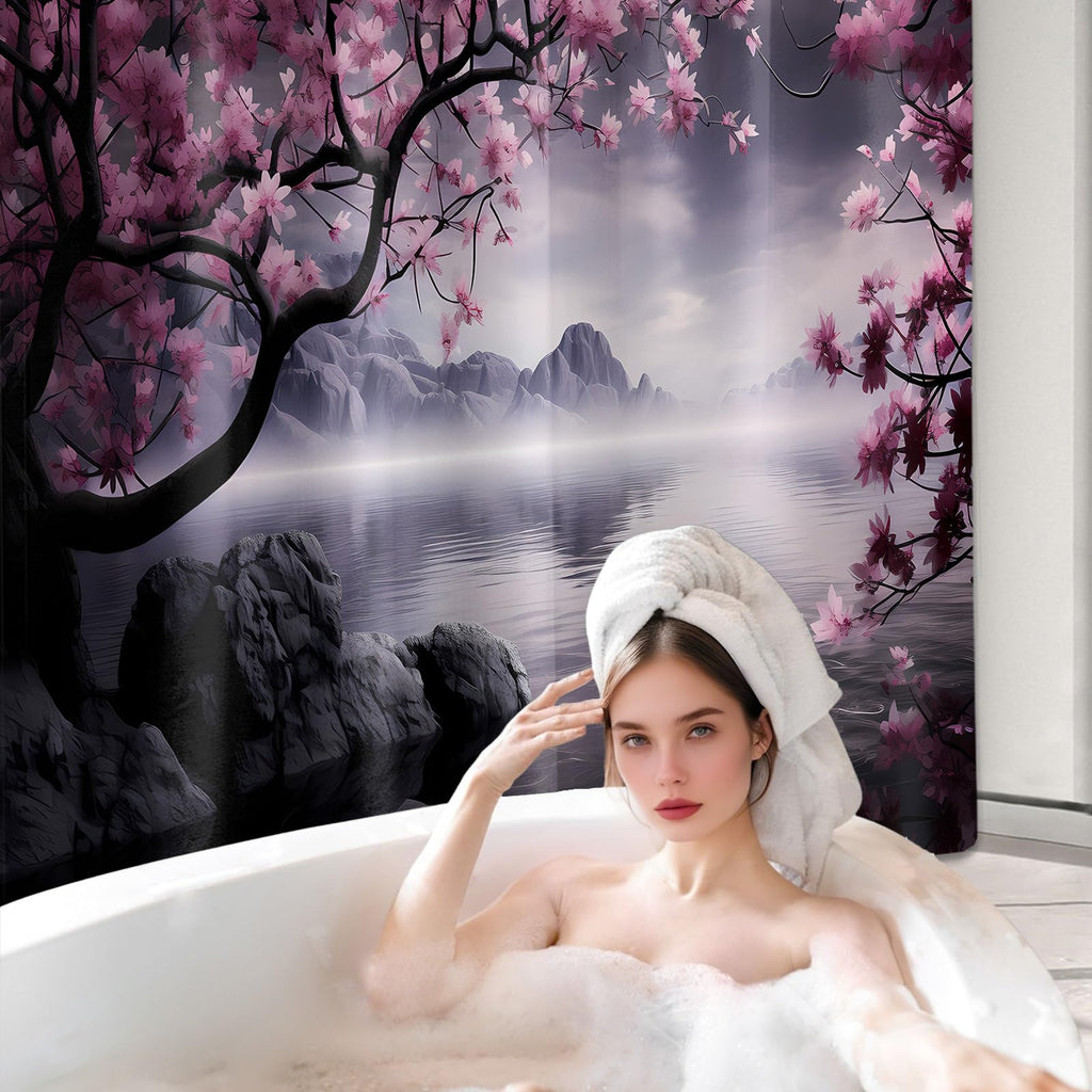 Yieldeer Japanese Shower Curtain Asian Cherry Blossom Bathroom Decor Mountain Bath Curtain, Waterproof Cloth Fabric with Hooks, 70x72 inch