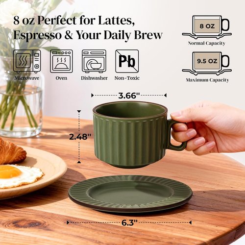 DOWAN Cappuccino Cup Set - 8 OZ Ceramic Coffee Mugs with Saucers | Elegant Ribbed Design for Home & Café