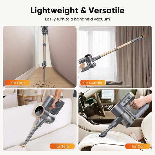 BonePone N12S Cordless Vacuum Cleaner, 30KPa Powerful Vacuum with 60 Mins Runtime, Self-Standing, LED Display, Rechargeable Lightweight Handheld Vacuum Cleaners for Home (Gold)