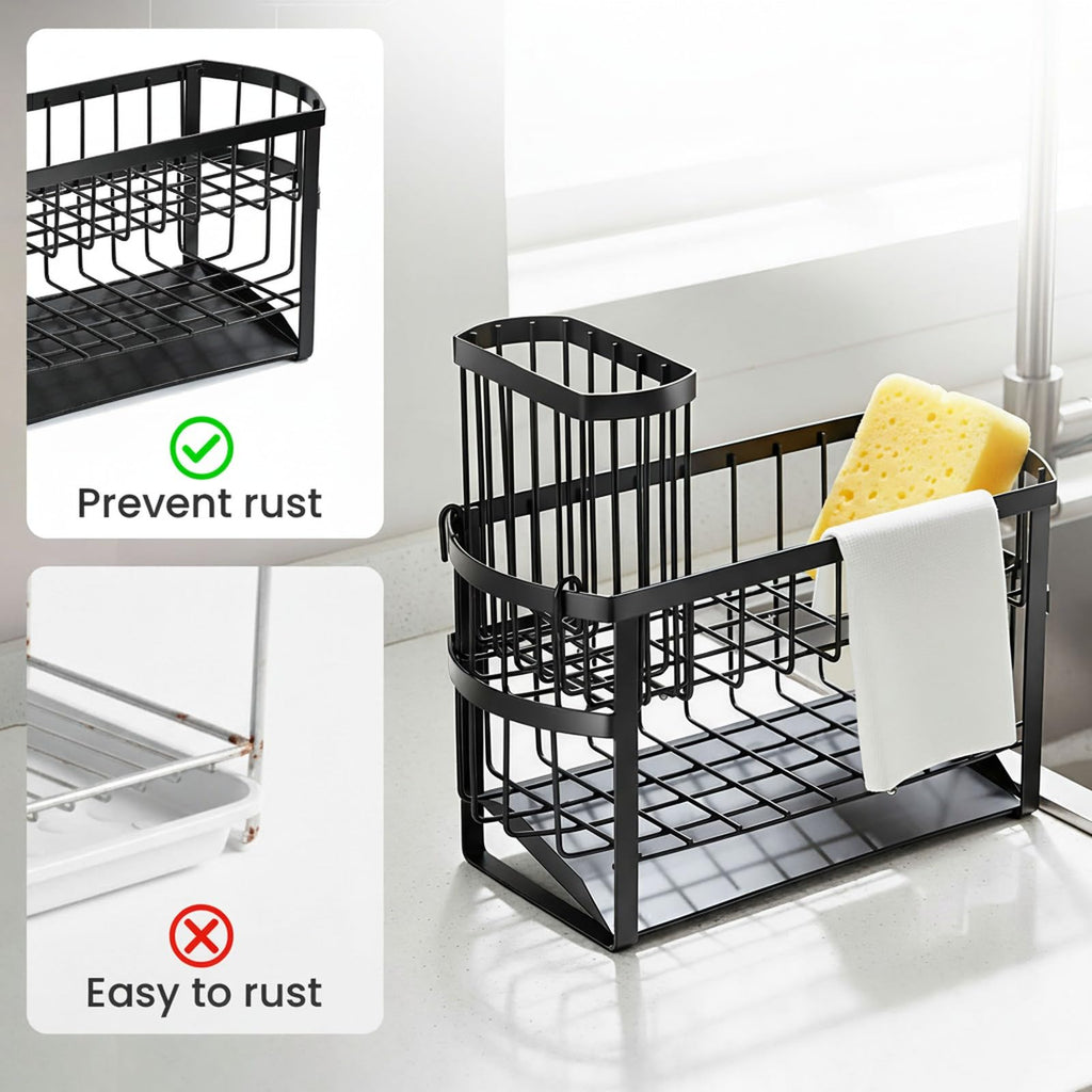 UEFFNR Kitchen Sink Organizer Caddy, 2 Tier Sink Caddy Organizer with High Brush Holder, Rust-Proof Countertop Rack (Black 10.6 * 4.3 * 5.7") for Kitchen Accessories & Dish Brushes