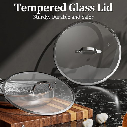 KURRUNGIE Hybrid Non Stick Frying Pans, 10-inch Stainless Steel Frying Pans with Tempered Glass Lid, 5 Ply Induction Cookware, Dishwasher-Friendly, Oven-Safe Up to 800°F, Compatible with All Cooktops
