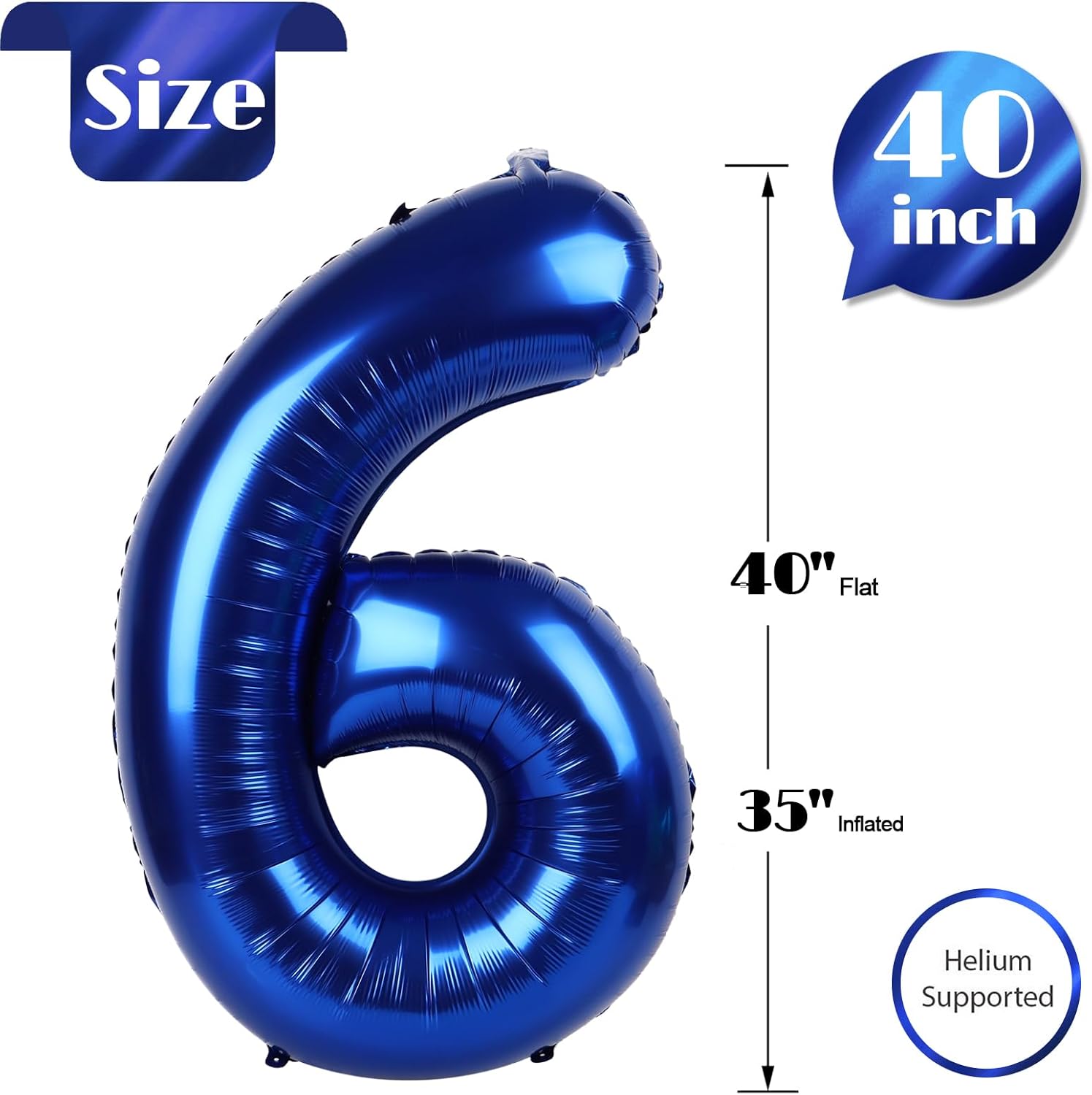 Number 6 Balloon by Night Blue - 40 Inch Giant Foil Balloon for 6th Birthday Party Decorations