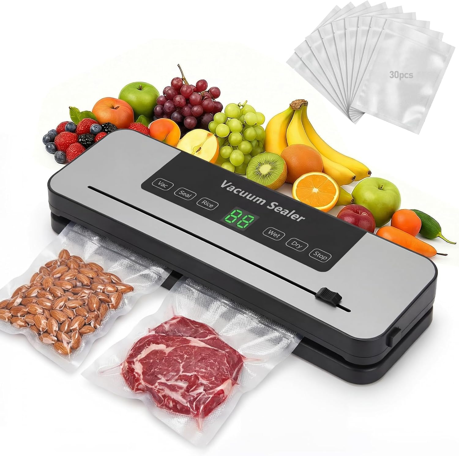 Vacuum Sealer Machine - Skiennix 6-in-1 Automatic Food Sealer with Built-in Cutter & 30 Bags | Compact for Freezer Preservation