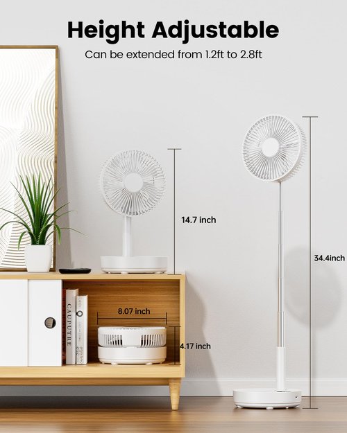 Edvision 8" Portable Oscillating Standing Fan, 8000mAh Rechargeable Pedestal Fan with Remote, Foldable Quiet Travel Fan, 8H Timer, Height Adjustable, Floor & Desk fan for Bedroom, Camping, Office