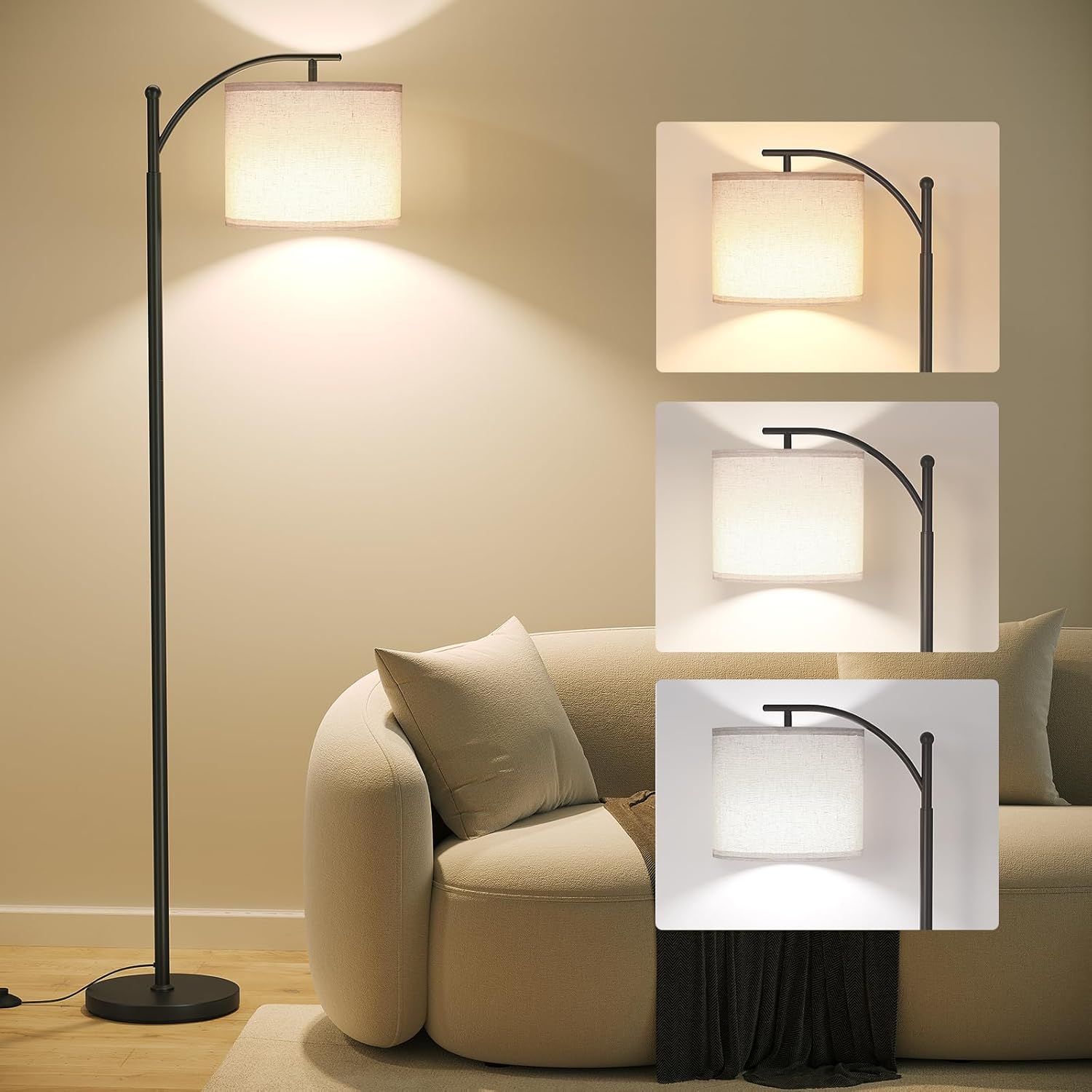 SUNMORY Arc Floor Lamp - Modern Design with 9W Adjustable 3-Color Bulb | Tall Metal Lamp for Living Room, Bedroom, Office (Black)
