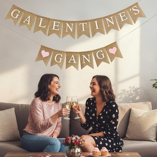 Galentine's Day Decorations Banner Burlap, Pink Heart Galentine Gang Hanging Banner Girl Ladies Party Supplies Photo Props Galentines Theme Decor