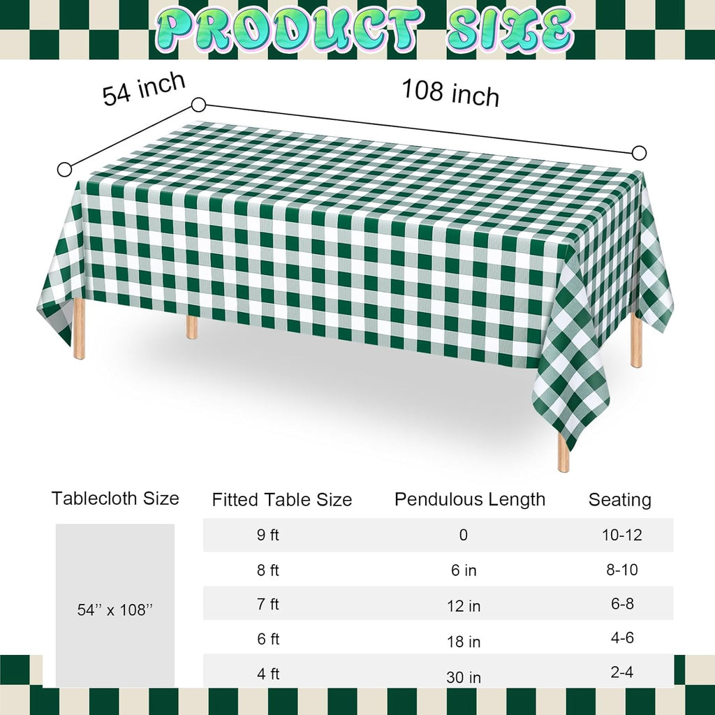 Skiennix Disposable Green Gingham Tablecloths - Waterproof Checkered Design | 54" x 108" for Parties & Picnics