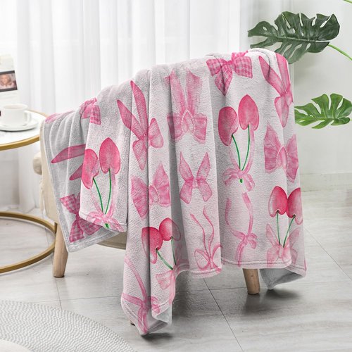 Reateforin Pink Cherry Bow Throw Blanket Back to School Decorations Soft Dorm Room Essentials Gifts for Students Girls Boys Lightweight Coquette Bow Cherry Aesthetic Blanket for Nursery Room 30"x40"