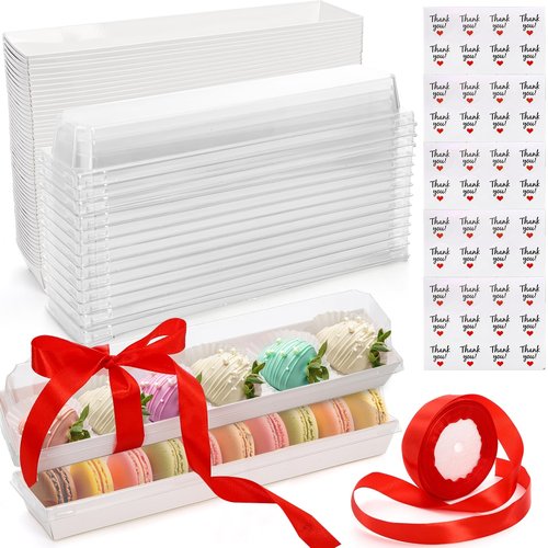 Dicunoy 50 Pack Strawberry Boxes with Clear Lids, 11" Macaron Box with Ribbon and Stickers, Chocolate Covered Strawberries Package Boxes for Cookies, Cocoa Bomb, Truffles, Valentine's Day, Christmas