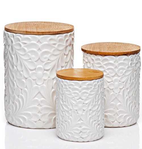Engraved Design Kitchen Canisters Set of 3 with 74 Oz, 36 Oz, and 18 Oz - White Storage Jars for Countertop with Airtight Bamboo Lids - Large Flour Tea Coffee Sugar Spices Container - Decorative