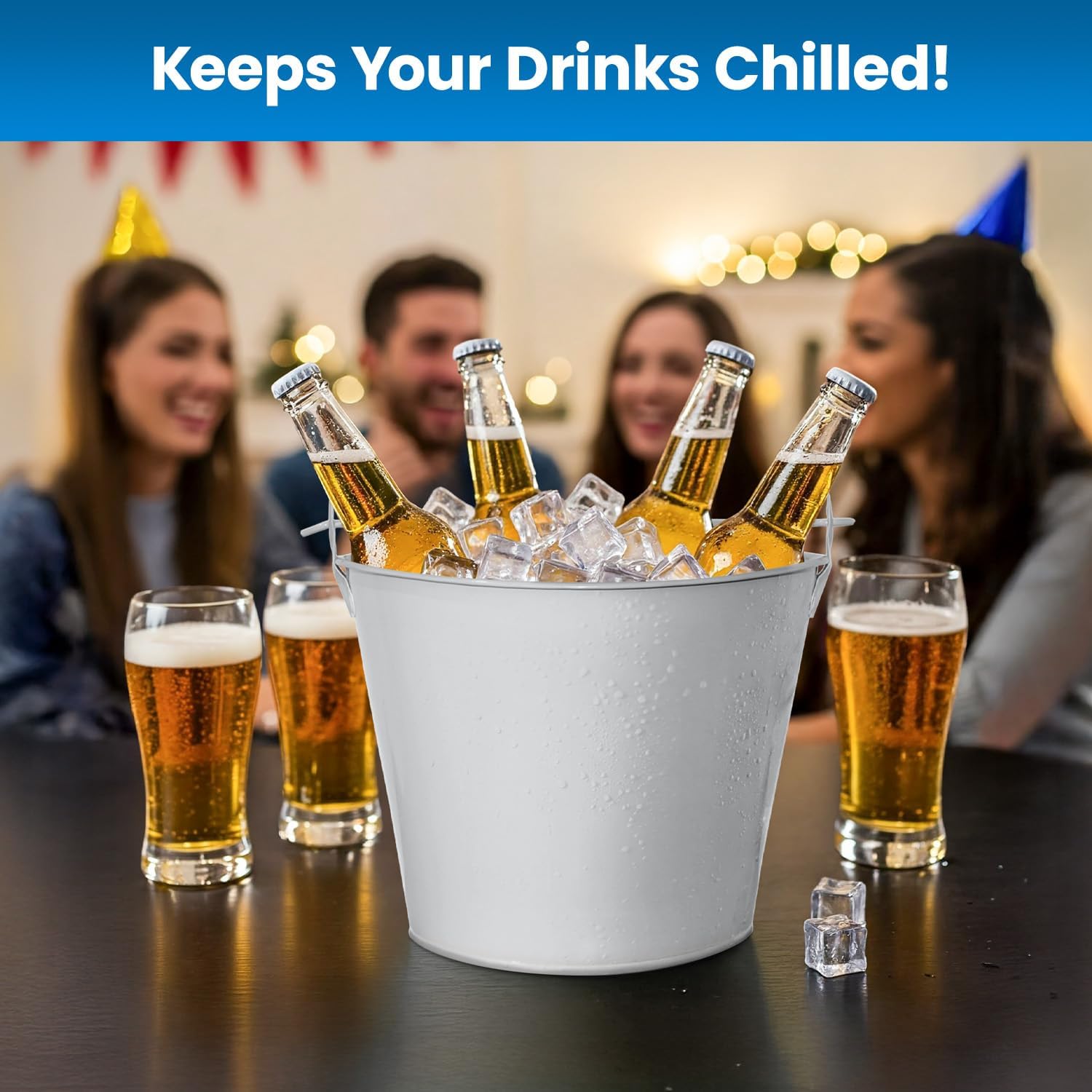 PLEXON Ice Bucket for Parties Coctail Bar Restaurant - Drink Beer Champagne Metal Pail Bucket with Handle, Beverage Chiller, 1.3 Gallon, Galvanized Steel, Gray, Set of 3