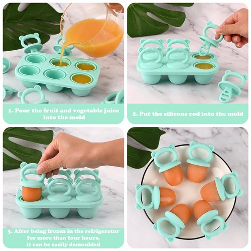 HUAKENER Mini Popsicle Molds, Silicone Popsicle Mold for Toddlers, 6-Cavity Ice Pop Molds with Handle for Making Healthy Baby Food, Breastmilk Popsicle (Green)