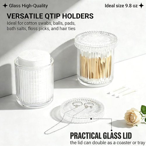 Clear Apothecary Jars - 2 Pack Glass Qtip Holder Dispenser Set for Cotton Swabs & Makeup Storage