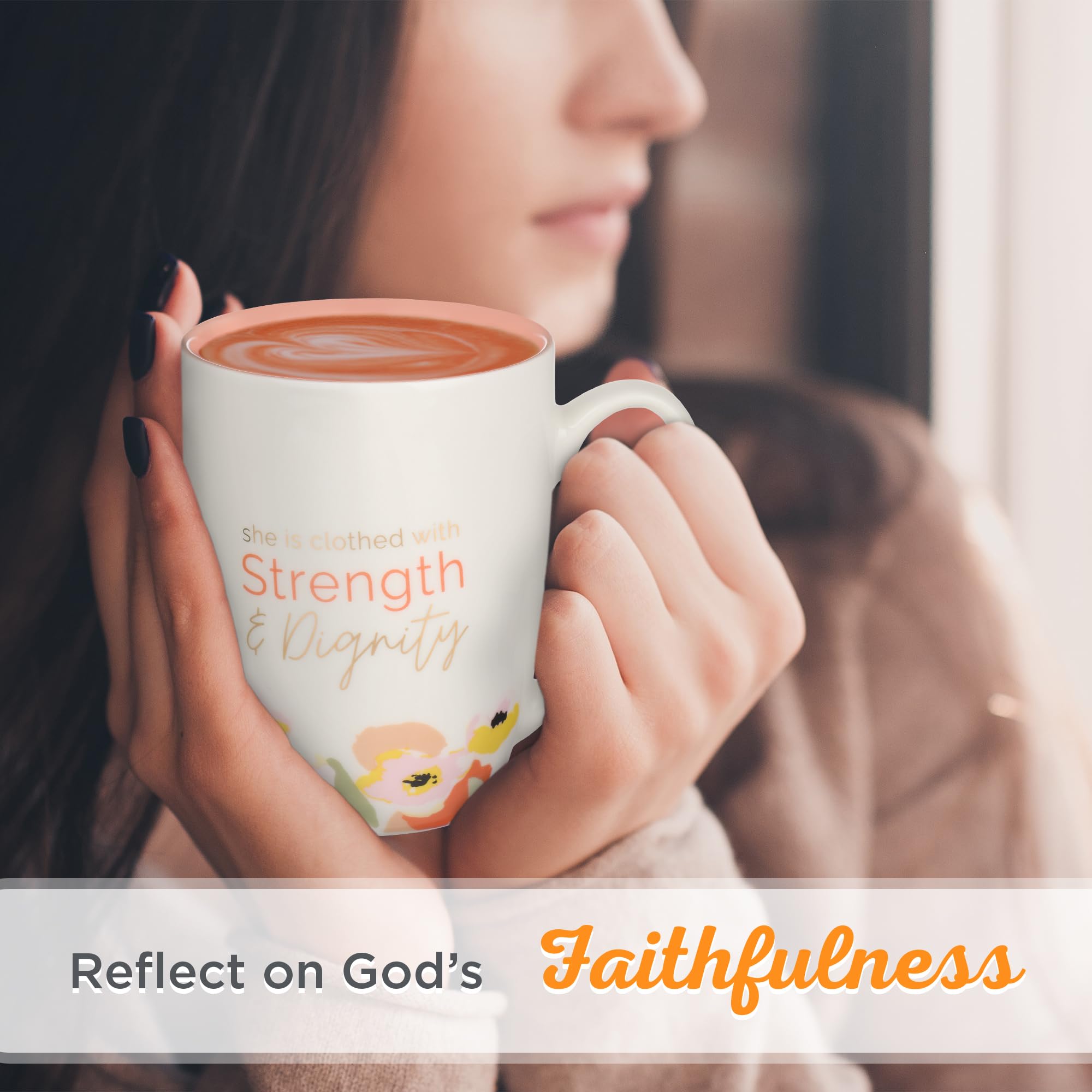 Strength and Dignity Peach Poppy Ceramic Coffee Mug - Proverbs 31:25