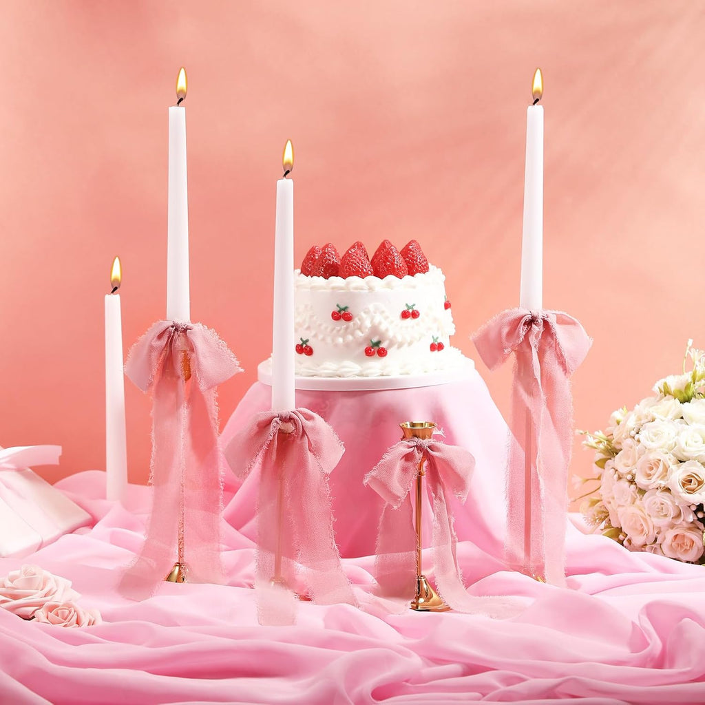 Skiennix 24 Pcs Pink Bow Candlestick Ribbons - Perfect for Cake Decorations & Gift Wrapping | 9.5 Inch