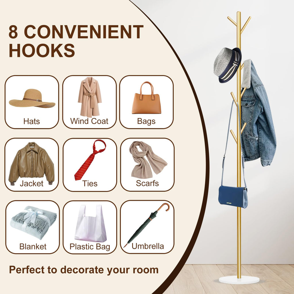 Wtiujhg Coat Rack, Metal Freestanding Coat Rack with 8 Hooks, Sturdy Coat Tree with Natural Marble Base for Coats, Hats, Scarves and Handbags for Entryway, Hallway, Bedroom, Office,Dorm (Gold)