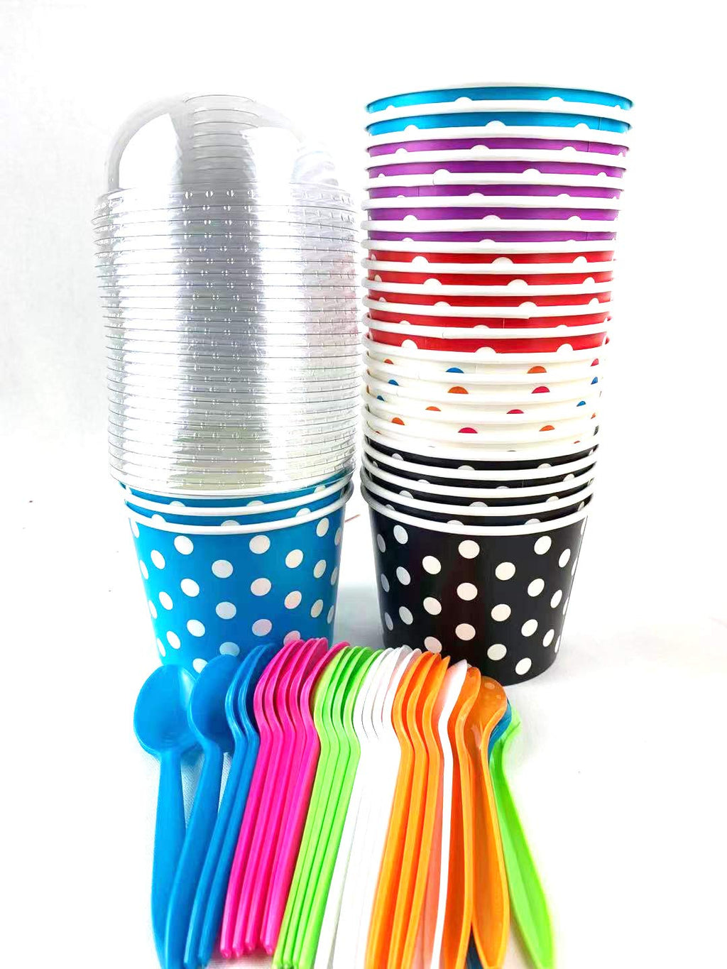 Worlds Paper Ice Cream Cups With Dome Lids No Hole and Plastic Spoons,Polka Dot 16OZ Mix 25 Set
