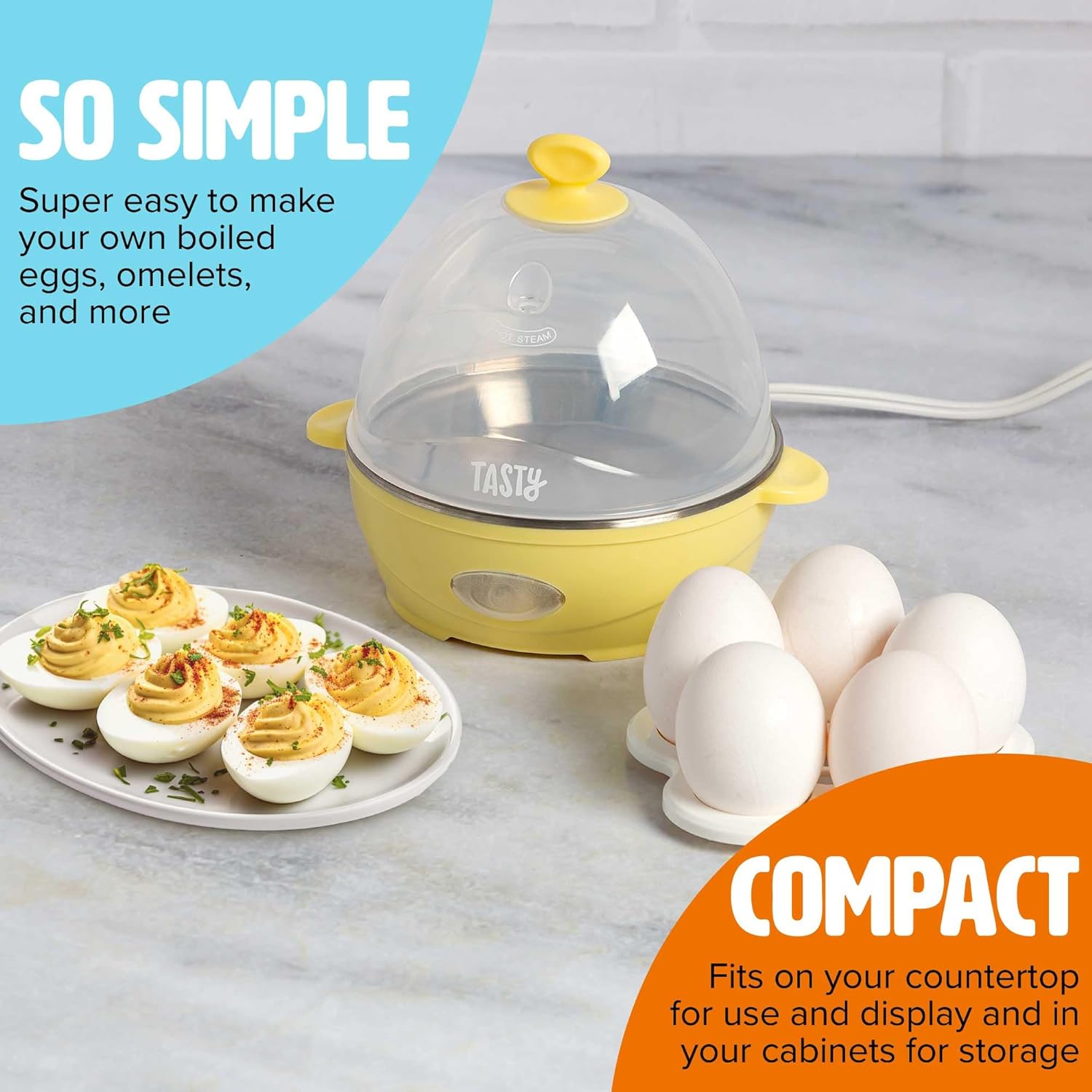 Tasty Mini Egg Cooker - 5-Egg Capacity for Perfect Hard Boiled Eggs & Omelets | Auto Shut Off, Yellow