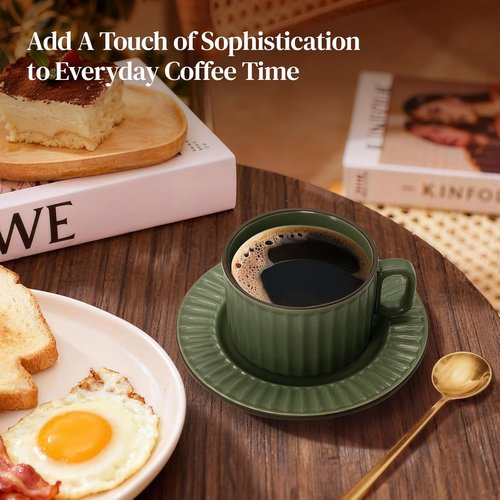 DOWAN Cappuccino Cup Set - 8 OZ Ceramic Coffee Mugs with Saucers | Elegant Ribbed Design for Home & Café