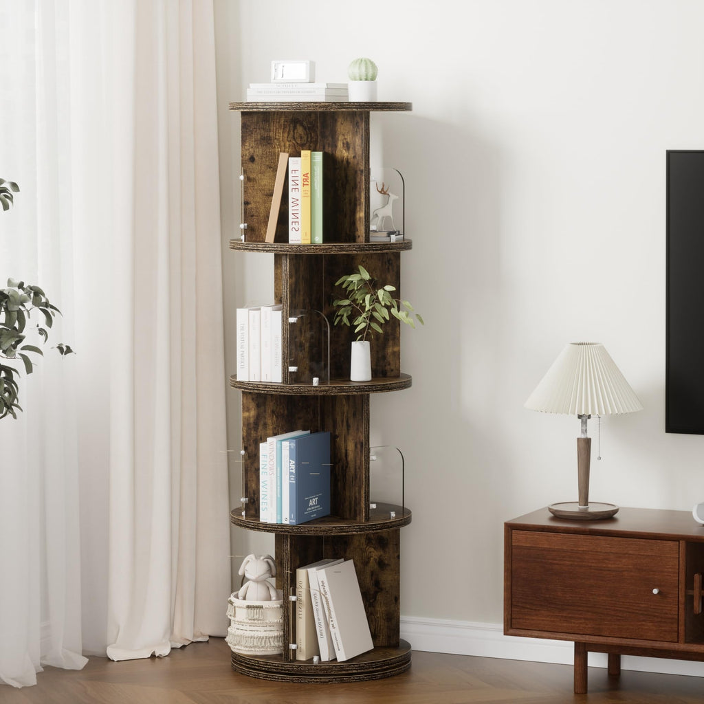 VECELO Rotating Bookshelf Tower, 360°Revolving Bookcase, Round Book Shelf Rotating, Stackable Storage Display Rack Floor Standing, Corner Bookshelf for Home Office, Deep Brown