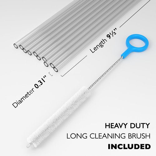 Fiesta First 10 Long Clear Straws - Hard Semi-transparent Plastic Reusable Drinking Straws + Sturdy Cleaning Brush - for Tumblers, Mason Jars, Milkshakes and Smoothies - Dishwasher Safe BPA Free