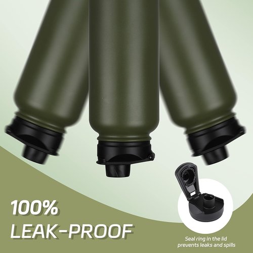 HASLE OUTFITTERS 32 oz Insulated Stainless Steel Water Bottle - Double Walled with 2 Lids (Army Green)