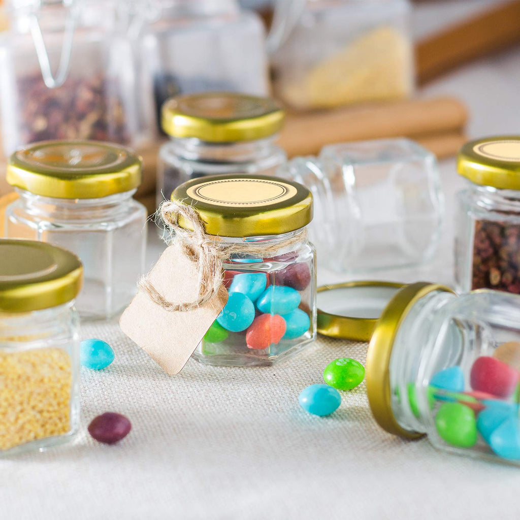 Encheng 1.5 oz Clear Hexagon Jars,Small Glass Honey Jars With Lids(golden),Mason Jars For Herbs,Foods,Jams, Liquid,Party Favor,Mini Spice Jars For Storage 30 Pack