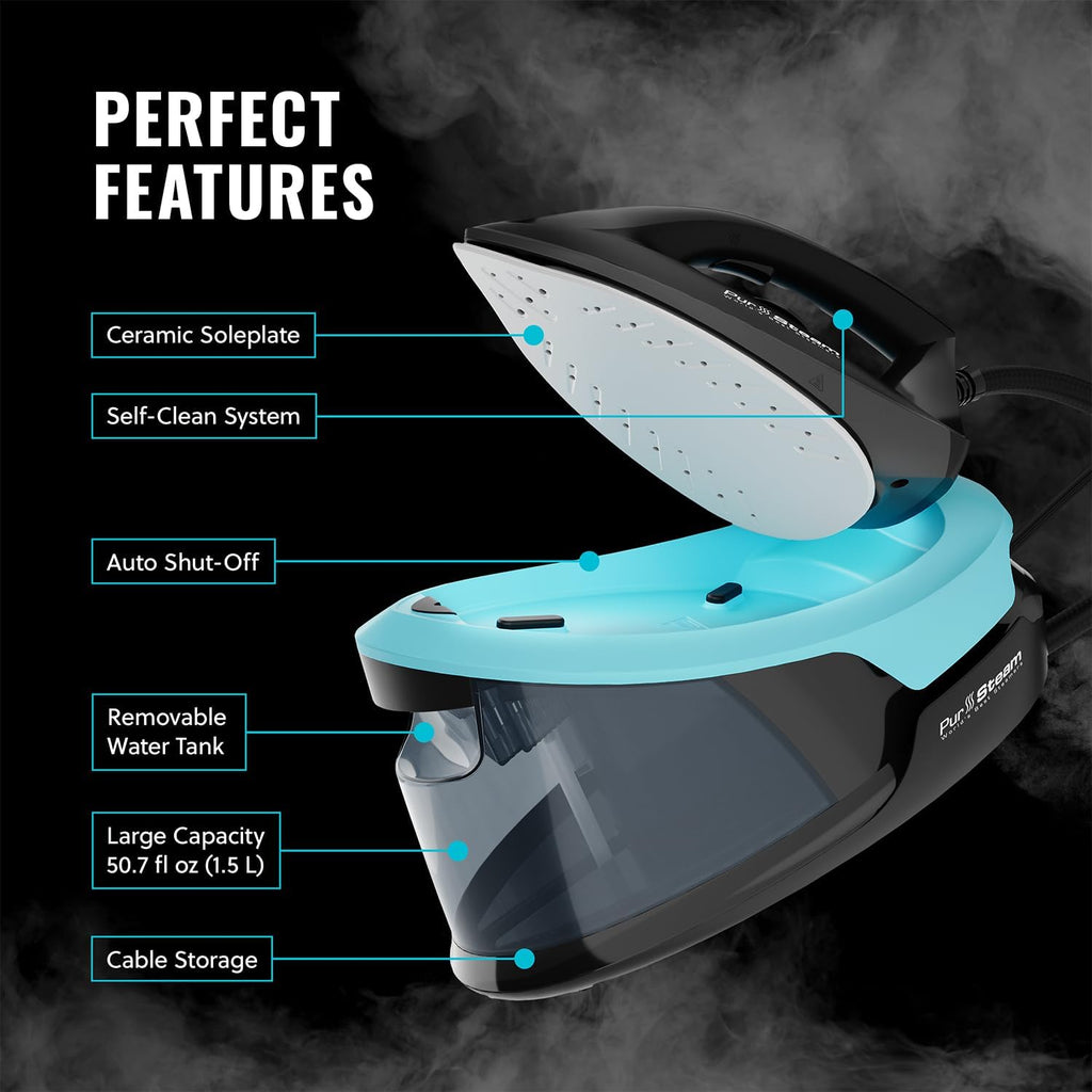Pursteam Steam Station | Max Ceramic Soleplate Steam Iron - 1500W, 50.7oz Tank, Fast Heat-Up, Auto Shut-Off