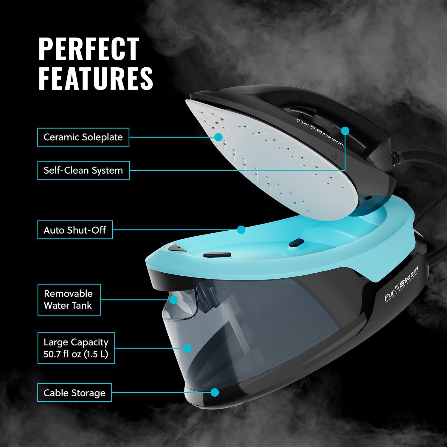 Pursteam Steam Station | Max Ceramic Soleplate Steam Iron - 1500W, 50.7oz Tank, Fast Heat-Up, Auto Shut-Off