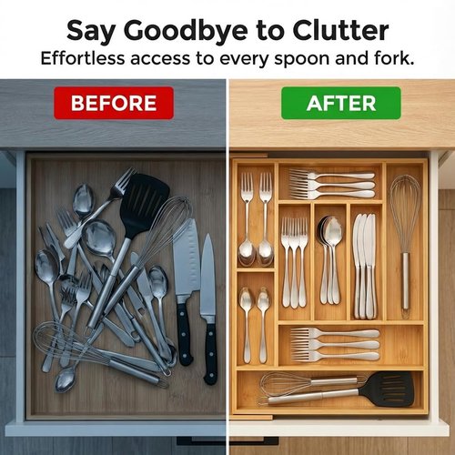 OPRTEU Expandable Kitchen Organizer – Adjustable 33” Wide Utensil Kitchen Drawer with 11 Compartments, Natural Solid Bamboo Construction for Flatware