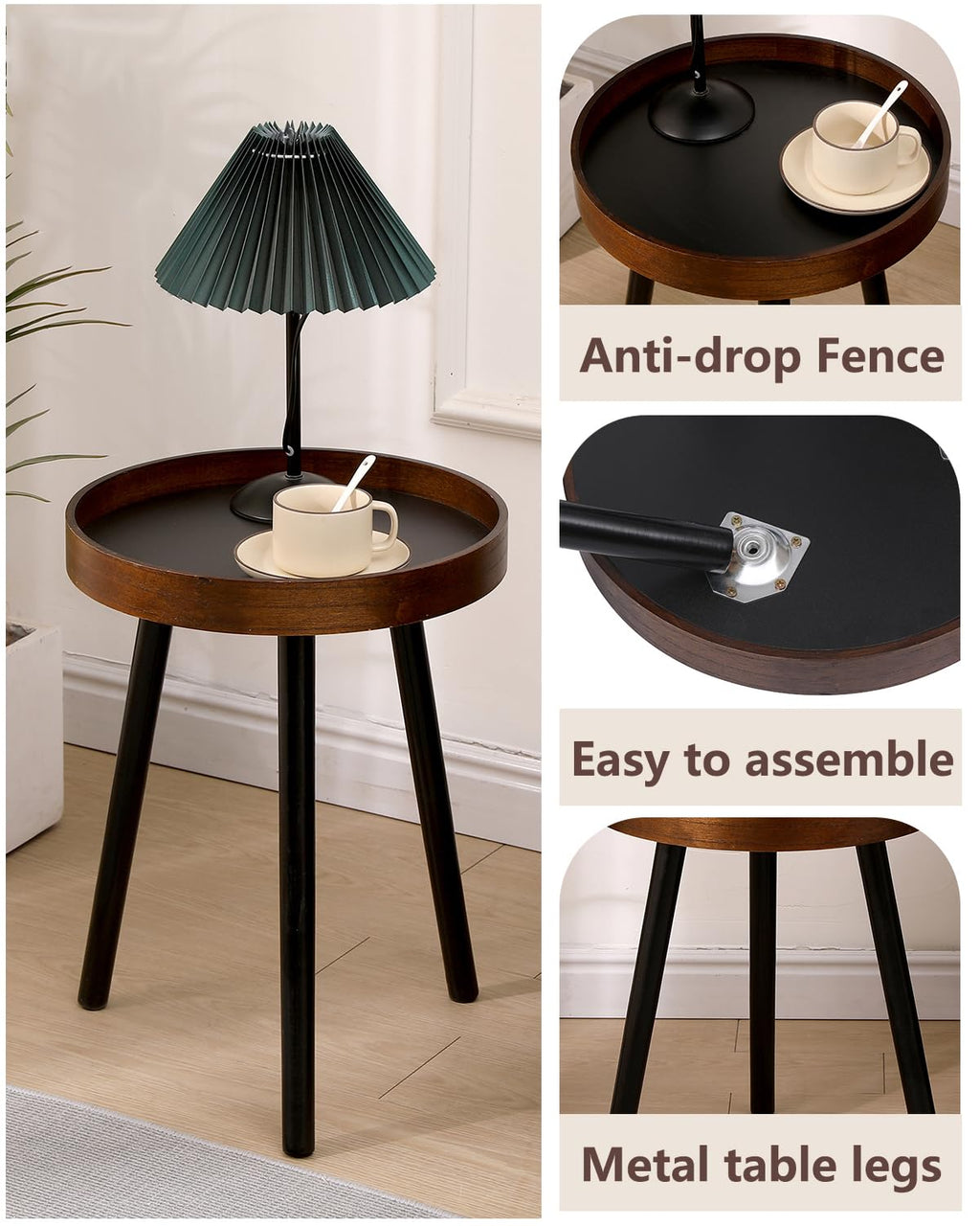 GTIWROTN Small Round Side Table, Solid Wood End Table with 3 Metal Legs, Modern Accent Table Circle Coffee Table for Living Room Bedroom Office and Small Spaces, 15.7 * 15.7 * 18 inch